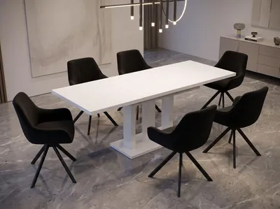 Produktbild von ENDO-Möbel Essgruppe "Appia White" - Esstisch ausziehbar 130-210cm in Weiß Hochglanz für 6 Personen mit Stühlen in Schwarz-Samt
