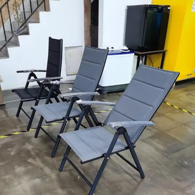Zdjęcie produktu dla Krzesła ogrodowe, zestaw 2 sztuk - składane, aluminiowe, z wysokim oparciem - tapicerowane - 7-stopniowa regulacja - odporne na warunki atmosferyczne - wytrzymałość do 150 kg - z podłokietnikami - kolor: szary