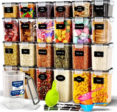 Produktbild von Sada 24 kusov - DECO HAUS nádoby na skladovanie - Opakovane použiteľné nádoby na skladovanie potravín so vzduchotesným vekom - plast bez BPA (Čierna)
