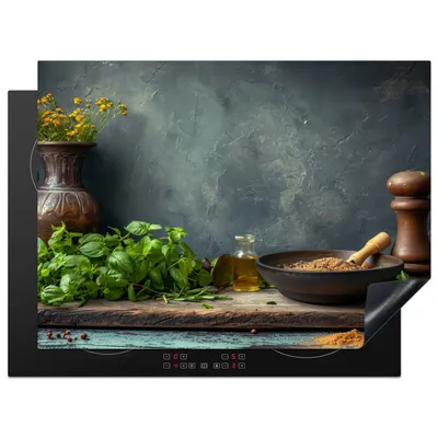 Produktbild von KitchenYeah© Herdabdeckplatte Stilleben - Küche - Kräuter , 70x52cm, Küche Deko, Glaskeramikkochfeld Herdabdeckung, Abdeckplatte fùr Kochfeld