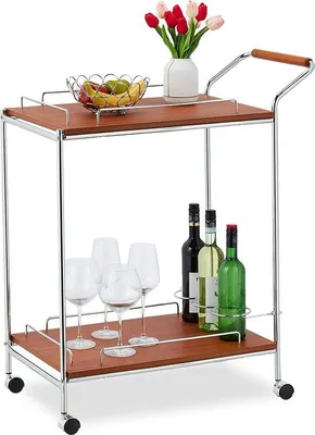 Produktbild von 2-Etagen-Servierwagen Holzfarbe Chrom 90x77x40cm Küchenwagen