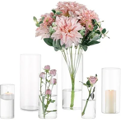 Produktbild von Glasdekoration 2-teilig Set moderne Glasvase runde Glaszylinder Blumenvasen für Wohnzimmer und Hochzeit