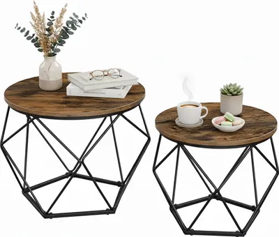 Produktbild von Relaxdays Couchtisch, 2er Set, Holzoptik & Metall, Industrial-Design, runde Beistelltische, Wohnzimmer, braun/schwarz
