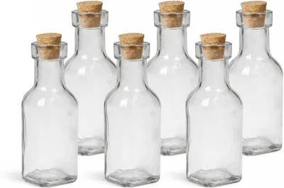 Productafbeelding van Glazen flesjes set, 6 stuks van 180 ml, transparant met kurksluiting, geschikt voor olie en kruiden