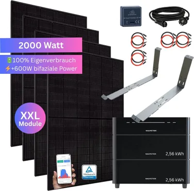 Produktbild von MyVoltaics® 2000 Watt Balkonkraftwerk SET MIT SPEICHER Marstek Venus D 5,12 kWh, Halterungen & Smartmeter, Stecker PV Solaranlage