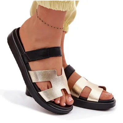 Produktbild von Leder Damen Klapki mit Klettverschluss Gold Lemela 41