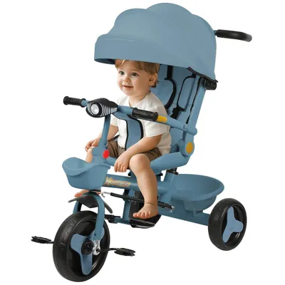 Produktbild von 4in1 Dreirad Kinderdreirad mit Verstellbarer Sitz und Schubstange,Buggy Fahrrad Kinderwagen mit Musik und Nachtlicht,Korb für 1-5 Jahre (Blau)