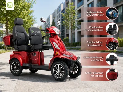 Productafbeelding van E-scooter voor senioren, model Vista Quarter-1L, met loodaccu, 4 wielen, 1000 watt, comfortabele stoel, kleur rood