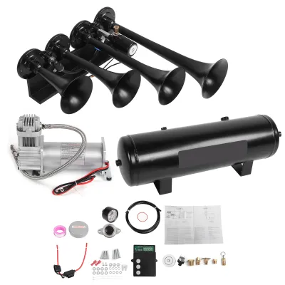 Produktbild von 4 Trompeten-Lufthupen-Set, Edelstahl, 200 PSI, lautes System, passend für alle Fahrzeuge mit 12 V
