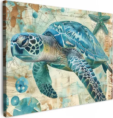 Produktbild von MuchoWow® - Leinwandbilder - Vintage - Schildkröte - Meerestiere - Aquarell, Wandbild, Wanddeko Bilder Wohnzimmer, 40x30 cm
