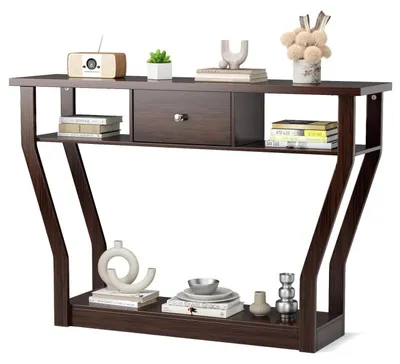 Image de Table console étroite de 120x30x81 cm avec tiroirs et étagères, couleur marron