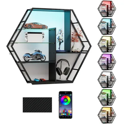 Produktbild von Puluomis Wandregal mit 6 Ablagen, Weinregale, 87x20x100cm, Holz Metall Hängeregal, großes Regal, RGB-LED-Lichter, Glas-Schweberegal, mit Hängestange
