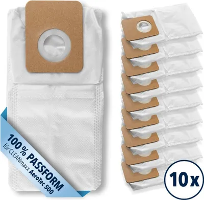 A single vacuum cleaner bag and a stack of nine other vacuum cleaner bags on a white background.