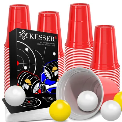 Image de Kit KESSER® pour le jeu de bière-pong, comprenant un jeu de cartes, 100 gobelets (473 ml), 10 balles et 54 cartes. Idéal pour les fêtes, les anniversaires et les mariages, ce set de gobelets pour jeux de boisson est parfait pour les adultes