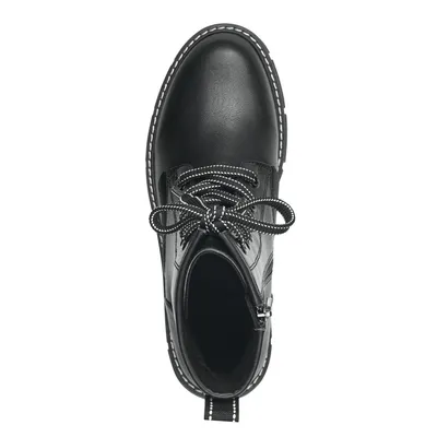 A top-down view of a single black boot.