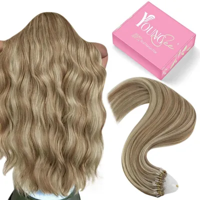 Zdjęcie produktu dla Pasemka do włosów typu "microring", włosy naturalne, kolor: jasnobrązowy z pasemkami blond, długość: 35 cm, waga: 50 g