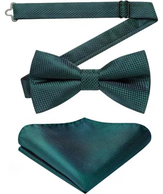Immagine prodotto di Set da uomo composto da papillon e fazzoletto da taschino, colore verde scuro, pre-annodato e regolabile, ideale per occasioni formali come matrimoni e feste
