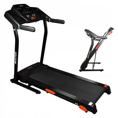 A black electric treadmill is shown from a front-side angle, with a second, folded treadmill in the background.