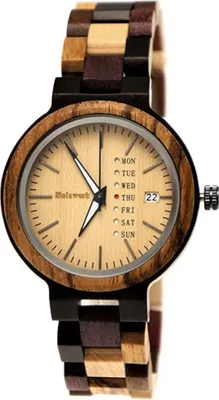Produktbild von Holzwerk TREBBIN kleine Damen Holz Uhr mit Datumsanzeige in beige & braun
