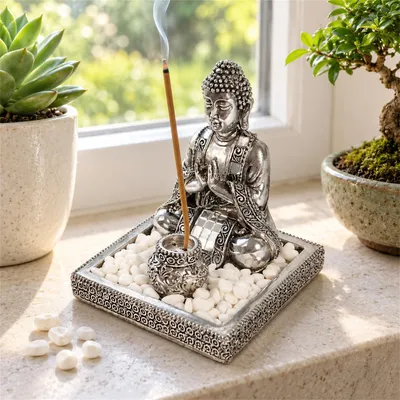 Buddha Wierockstäbchenhalter mit Steinen, 9x9x11 cm