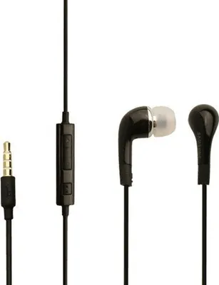 A product shot of black in-ear headphones with a 3.5mm jack and an inline remote.
