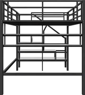 Produktbild von Flieks Etagenbett 140x200cm mit Treppe, Hochbett Metallbett mit Rausfallschutz, Kinderbett Jugendbett Doppelbett mit Regal, Stockbett Schwarz