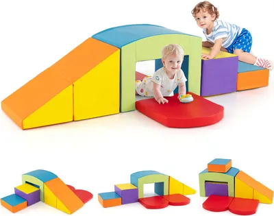 Children playing on a colorful foam climbing structure, with smaller configurations shown below.