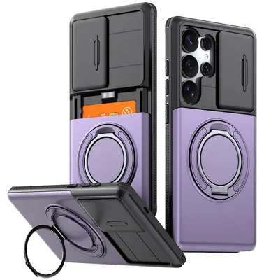 Produktbild von Handyhülle mit Kartenfach für Samsung Galaxy S25 Ultra, Schiebe Kameraschutz, Ringhalter Ständer, Stoßfeste Schutzhülle Lila