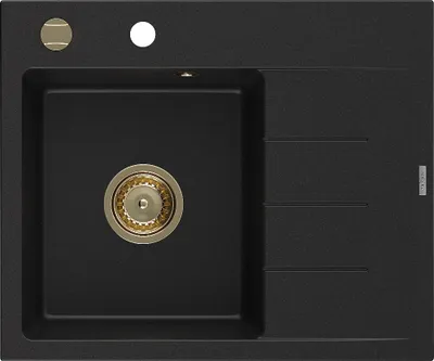 Produktbild von Mexen Ben Granitspüle ein Becken mit Abtropffläche links 600 x 500 mm, schwarz, goldener Siphon - 6522605000-77-G