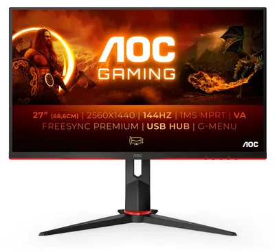 Zdjęcie produktu dla AOC G2 Q27G2U/BK, 68,6 cm (27"), 2560 x 1440 px, Quad HD, LED, 4 ms, Czarny, Czerwony