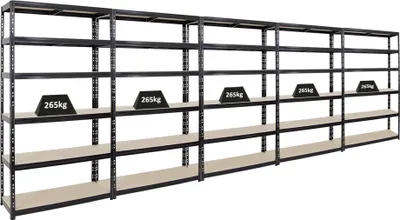 Produktbild von Mega Deal | 5x Schwerlastregal Giant Tiger XL | HxBxT 220x120x40cm | Fachlast 265kg | 6-Ebenen | Schwarz | Garagenregal, Lagerregal, Steckregal, Kellerregal, Werkstattregal