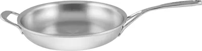 A stainless steel frying pan on a white background.