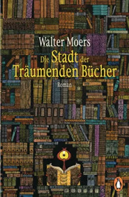 A book cover with a background of bookshelves filled with books.