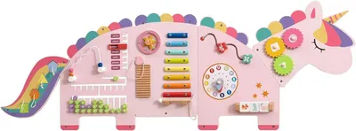 Image de Tableau d'activités Montessori pour le développement moteur - Panneau d'activités en bois - Favorise le développement précoce - 11 modules de jeu - 144 x 46,5 cm - Rose