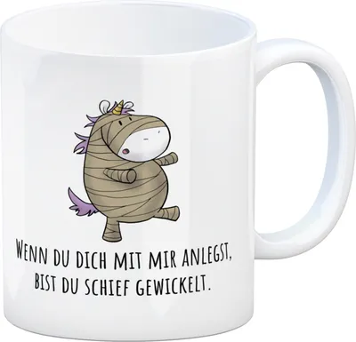 Produktbild von Einhorn-Mumie Kaffeebecher mit Spruch Du bist doch schief gewickelt