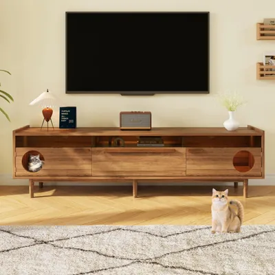Produktbild von okwish Moderner TV-Schrank Beistellschrank mit Haustierfreundlicher Bereich,Fernsehtisch mit LED-Beleuchtung und temperierten Glas-Türen,Nussbaumholz