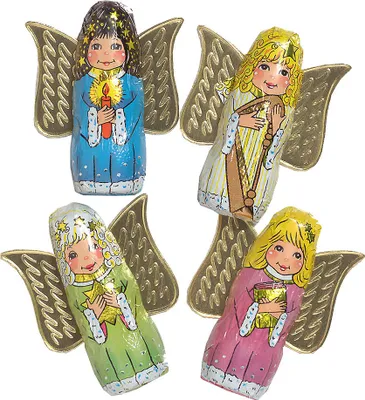 Four chocolate angels wrapped in foil with gold wings, arranged in a diamond shape.