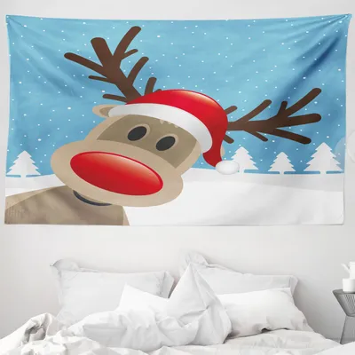 Image de ABAKUHAUS Tapisserie de Noël, renne Rudolph chapeau en tissu microfibre doux Lavable sans se décolorer Impression numérique, 230 x 140 cm, bleu pâle rouge marron clair