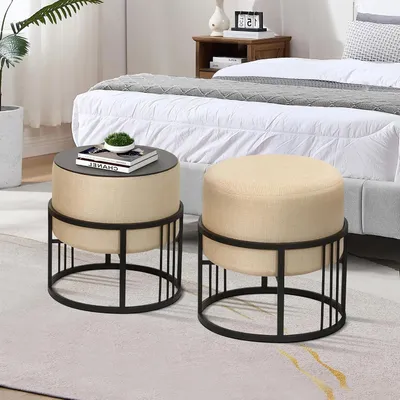 Productafbeelding van Krukje en bijzettafel - 2-in-1 set - Flexibel wonen - Stapelbaar ontwerp - 38x38x38 cm - Beige en zwart