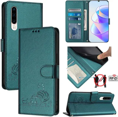 Produktbild von Leder Hülle für Huawei P30 Süße Katze Flip Case Brieftasche Schutzhülle mit Standfunktion Grün