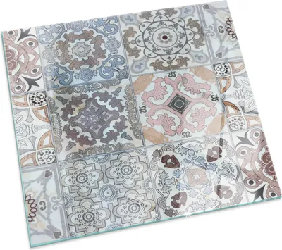 Produktbild von Mosaikmuster in Fliesen – Glasbodenplatte für – Kaminofen – Kaminplatte Glas – Schutzglas – Funkenschutzplatte –Glasbodenplatte Feuerfeste – Hitzeschutzplatte – Bodenschutz aus Glas – 60x60 cm