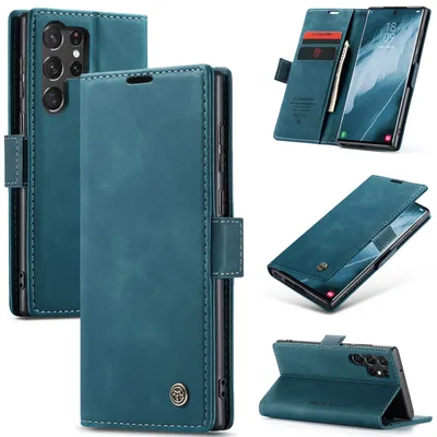 A collage of images showing a teal flip phone case for a Samsung Galaxy S24 Ultra.