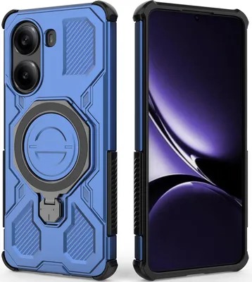 A blue phone case with a ring holder is shown next to a smartphone.