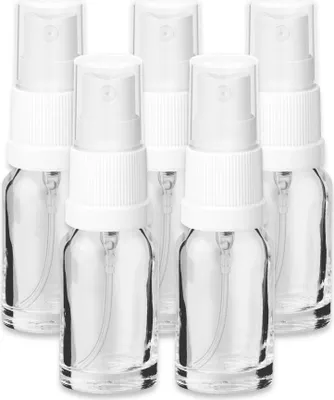 Produktbild von 5x Glasflasche klar 10 ml mit weißem Zerstäuber Sprükopf Pumpspray Set
