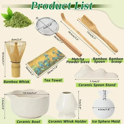Produktbild von Matcha Tee 9-teiliges Set - Japanisches Teezeremonie Set - Kirschblüten Schale - Bambusbesen, Löffel, Sieb, Tuch - Keramik - Weiß