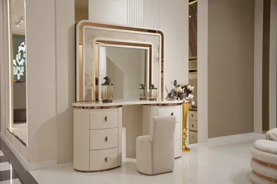 Immagine prodotto di Elegante toletta in legno bianco con specchio e sgabello