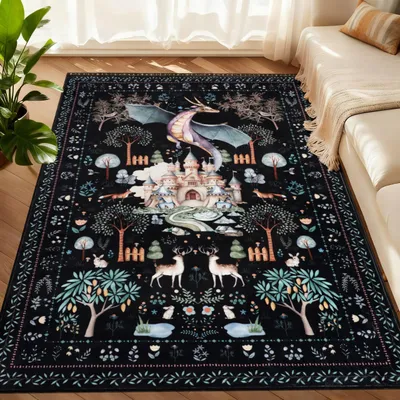 Imagen del producto de Alfombra para sala de estar - 120 x 180 cm - Negra - Lavable - Motivo bohemio con animales