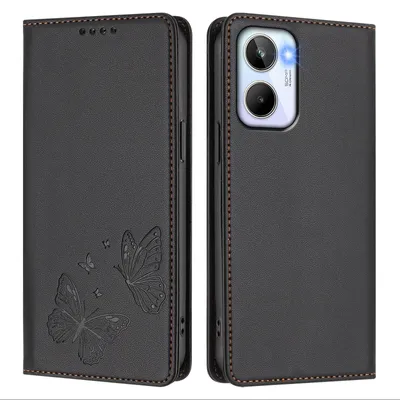 Produktbild von Lederhülle für Realme 10 4G, Schmetterling Prägung Leder Brieftasche Schutzhülle mit Ständer Schwarz