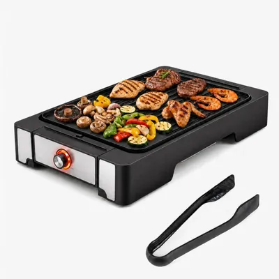 Produktbild von KOMFOTTEU Tischgrill, 2300W Elektrogrill mit Auffangschale & kompakter Grillfläche, Indoorgrill mit Antihaft-Grillplatte & Grillzange, BBQ Grill mit Temperaturregelung, 53 x 31 x 8,5 cm, Schwarz