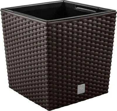 A square rattan planter with a black inner pot, shown against a white background.